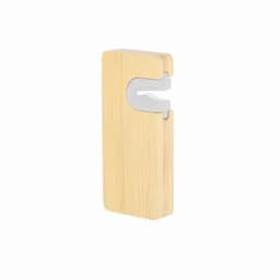 A bamboo phone stand with a white plastic insert, featuring a sleek and natural design.