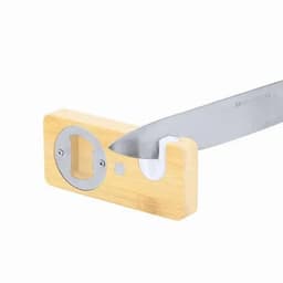 A kitchen knife with a stainless steel blade and a bamboo handle, featuring a circular cut-out and a metal accent.