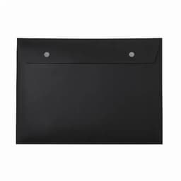 A black document folder with a flap closure and two silver studs. It has a smooth, matte finish.