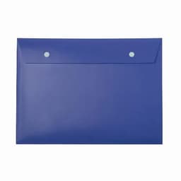 A blue envelope with two press-stud closures at the top. It has a smooth, glossy finish.