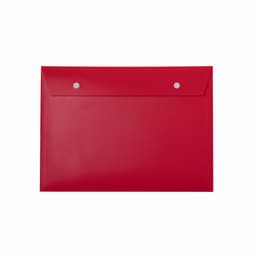A red document wallet with two white press studs on the flap closure. It has a smooth, glossy finish.