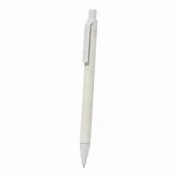 A pen with a white barrel and clip, featuring a logo on the barrel and a black ink tip.