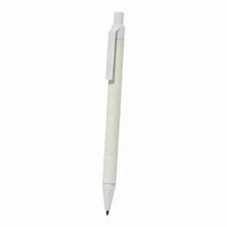 A pen with a white body and a black tip, featuring a clip on the side and a simple design.