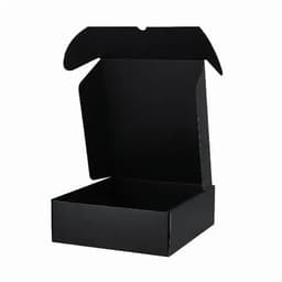 A black, open box with a top flap and a square base, suitable for packaging or storage.