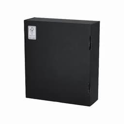 A black cardboard box with a sturdy design and a logo on the front. Ideal for packaging or storage purposes.