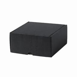 A black cardboard box with a flap closure, featuring a plain design and no visible branding.