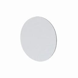 A circular, flat, white disc with a textured surface, featuring a simple design.