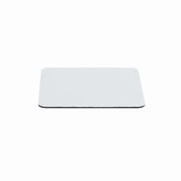 A rectangular, thin, white mouse pad with black edges and a smooth surface.