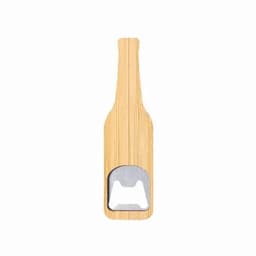 A bamboo drink bottle shaped like a beer bottle with a metal bottle opener at the base.