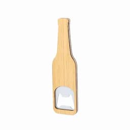 A drink bottle shaped bottle opener in a natural wood finish with a silver metal opener. Features a logo.