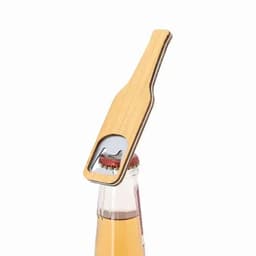 A bottle opener made of wood, designed in the shape of a drink bottle, with a sleek, minimalistic appearance.
