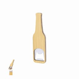 A drink bottle opener shaped like a wooden beer bottle, featuring a metallic opener at the bottom. It has a logo.