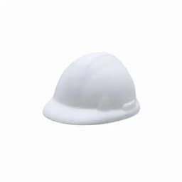 A white hard hat with a smooth surface and a rounded top. The hat has a logo on one side.