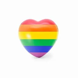 A heart-shaped icon featuring rainbow stripes in vibrant colours. The image includes a glossy finish.