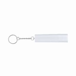 A white, cylindrical portable charger with a keychain attachment. It features a shiny metallic chain and a circular keyring.
