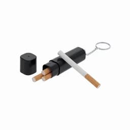 A black keychain holder containing three imitation cigarettes and one separate cigarette, with a removable cap.