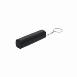 A black keychain with an elongated, cylindrical design and a metal chain attachment.