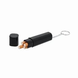 A black keychain holder containing three wooden sticks, with a removable cap on one end.