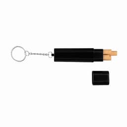 A drink bottle in a sleek black design, featuring a chain keyring and removable cap with storage for small items.