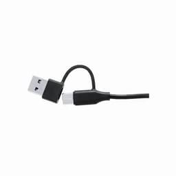 A black USB cable featuring a standard USB connector and a smaller connector, with a slight twist in the cable.