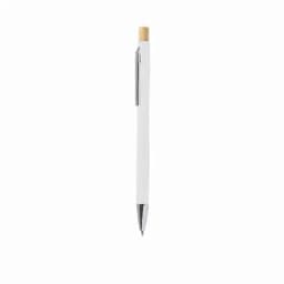 A pen with a white barrel, chrome accents, and a bamboo top, featuring a clip for easy attachment.