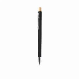 A black pen with a bamboo top and silver clip, featuring a sleek, minimalist design.