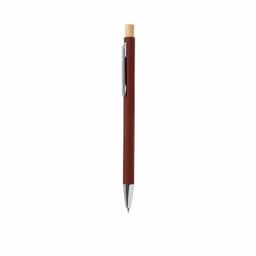 A pen with a brown body, silver clip, and bamboo top, featuring a logo.