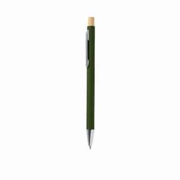 A pen with a green finish and a bamboo accent. It features a clip and a silver tip.