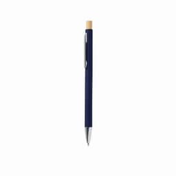 A pen featuring a navy blue barrel and a bamboo top, with a chrome clip and ballpoint tip.