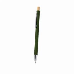 A green pen with a bamboo top and a metal clip. The pen has a sleek design and a silver tip.