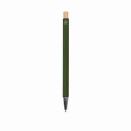 A green pen with a wooden top and a silver tip, featuring a logo on the barrel.
