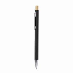 A pen with a black barrel and a bamboo top, featuring a silver clip and tip. It has a sleek design.