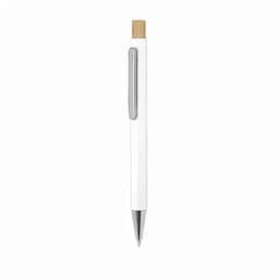 A pen with a white barrel and a wooden top, featuring a silver clip and tip.