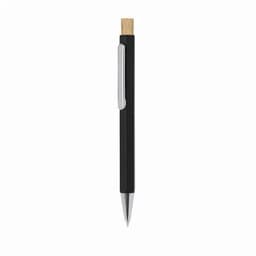 A black pen with a wooden accent and a silver clip, featuring a sleek design.