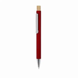 A red pen with a bamboo top and a silver clip, featuring a sleek, modern design.
