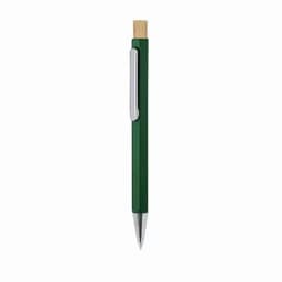 A green pen with a wooden top and silver clip, featuring a sleek design and a metal nib.