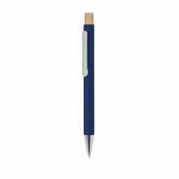 A pen with a navy blue barrel, silver clip, and wooden top. It features a sleek design for writing.