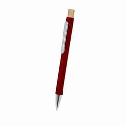 A red pen with a bamboo accent and silver clip, featuring a sleek design and shiny tip.