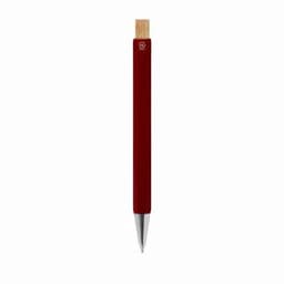 A pen with a deep red body and a wooden top, featuring a silver pen tip and a logo.