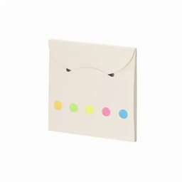 A cream envelope with a flap closure, featuring five coloured dots in pink, yellow, blue, green, and orange on the front.