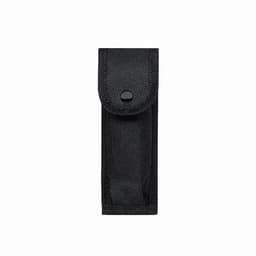 A black fabric holder with a snap closure, designed for securely storing small items.