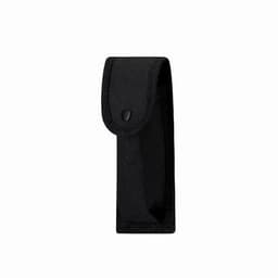 A black fabric holder with a snap closure, designed to securely carry an item. It has a sleek, minimalist style.