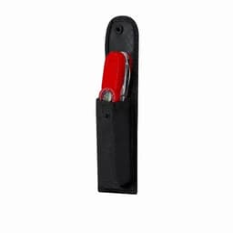 A red multi-tool in a black fabric holster, designed for easy carrying and storage.