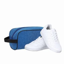 A blue storage bag and a pair of white sneakers are displayed together on a white background.