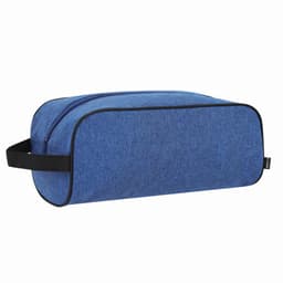 A blue toiletry bag with a zip closure and a black handle. It has a rectangular shape and a textured surface.
