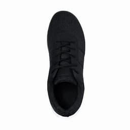 A black athletic shoe with a textured upper and laces, featuring a rounded toe and a white sole.