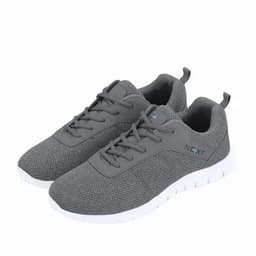 A pair of grey athletic shoes with a white sole and branding on the side. They feature a mesh upper for breathability.