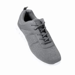 A grey sneaker with a textured upper and white sole, featuring laces and a pull tab at the heel.