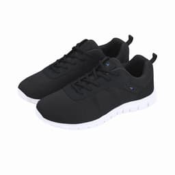 A pair of black athletic shoes with a white sole and a logo on the side. The design features a mesh upper.