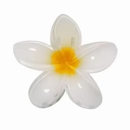 A flower-shaped plastic item featuring white petals and a yellow centre. It has a glossy finish and a backing for attachment.